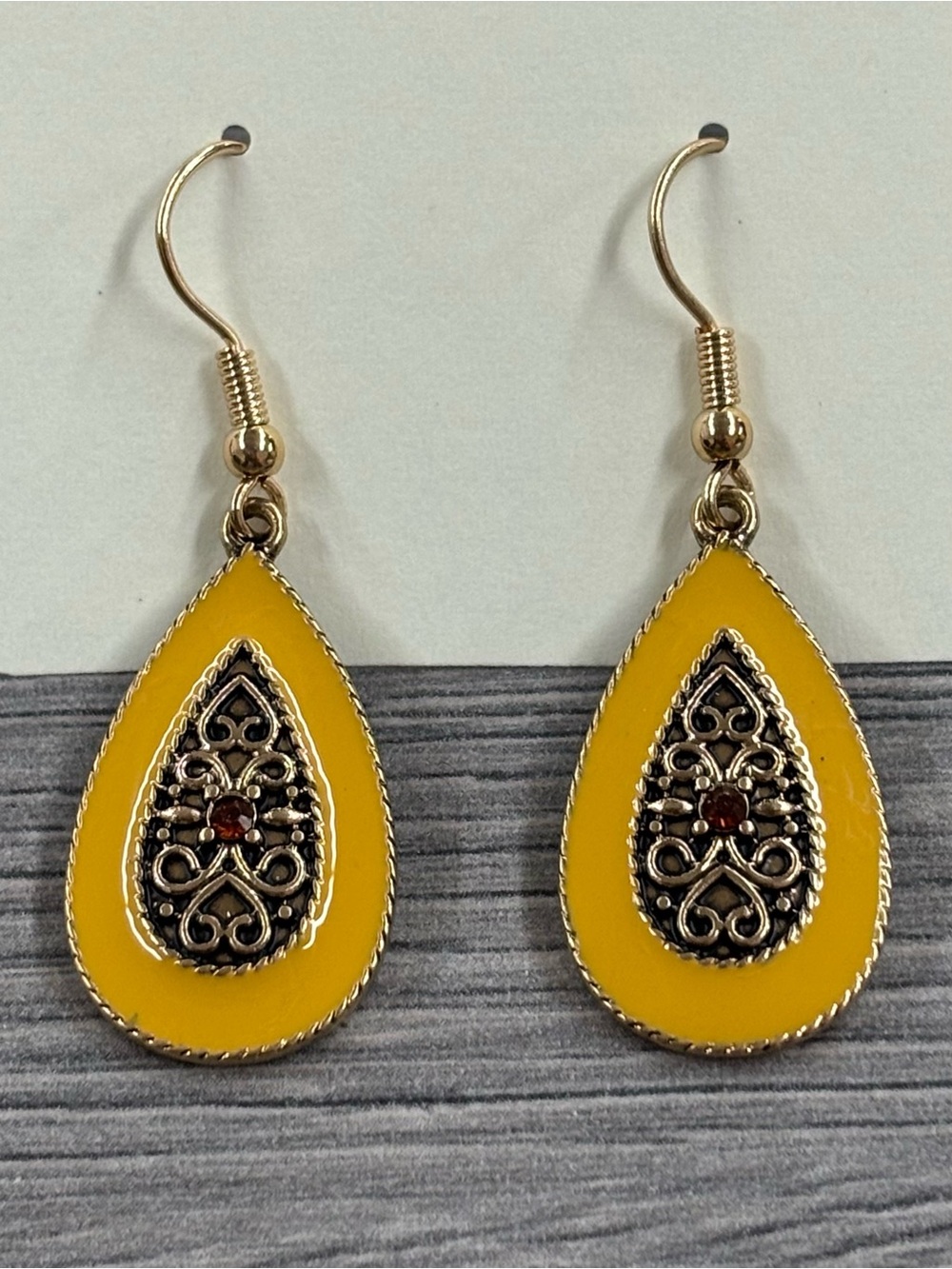 Yellow Teardrop Filigree Dangle Earrings